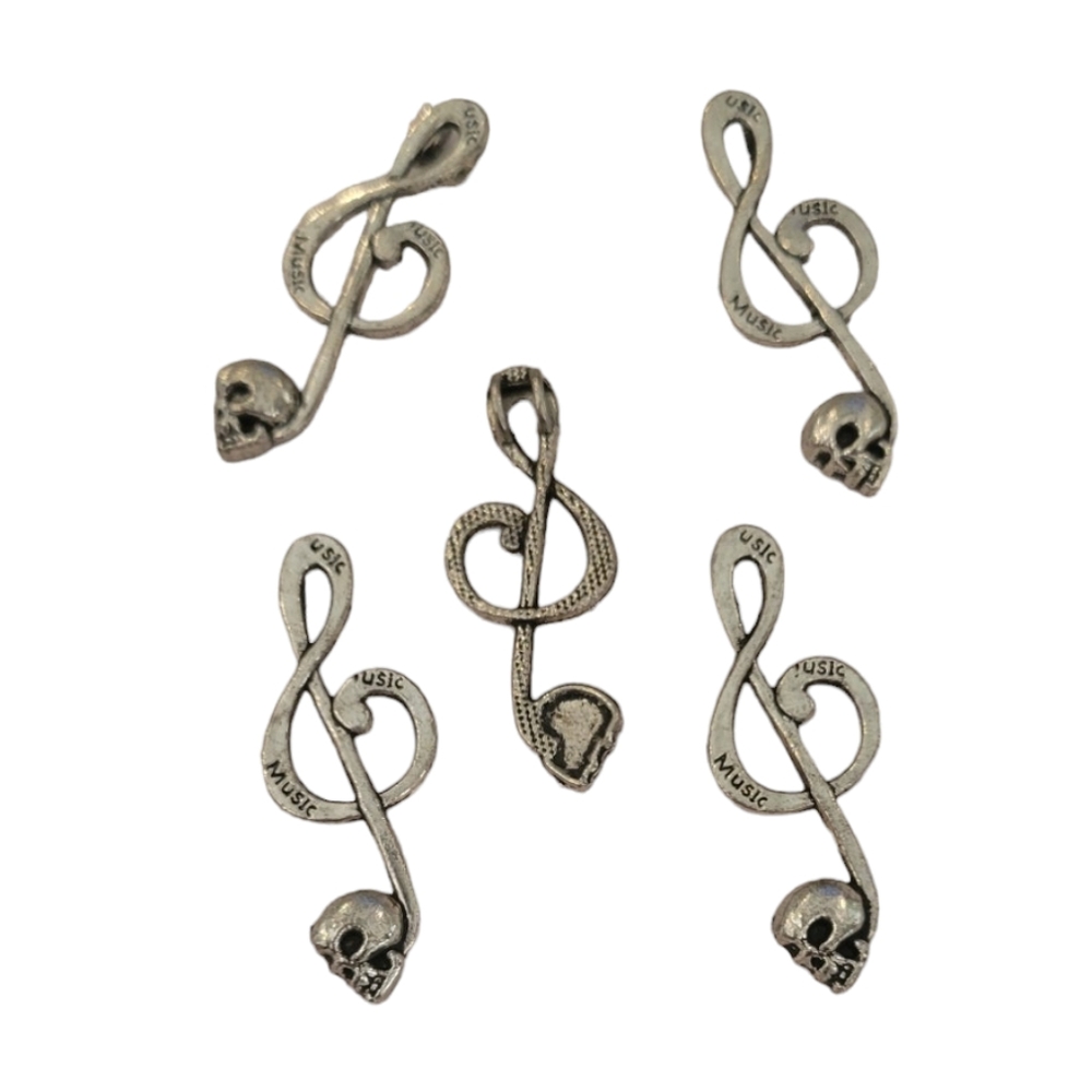 5 Pieces Antique Silver Treble Clef Skull Charms for Jewelry Making 17x40mm